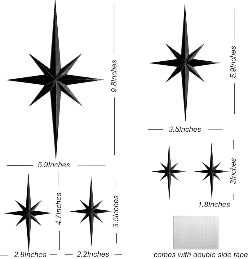 Stylor Mid Century Modern Decor, Mcm Retro 3D Star Art Wall Sculpture, Plastic Starburst Decor, Vintage Celestial Whimsigoth Home Decor Accent. (Set of 6, Black) - Image 2